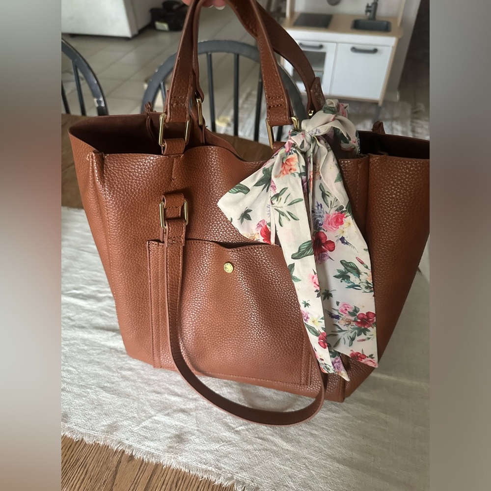 Brown Steve Madden purse with floral scarf